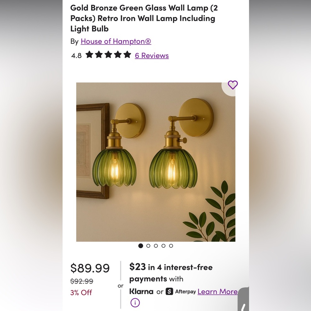 Green Gold Wall Sconces Pair — no wiring needed!